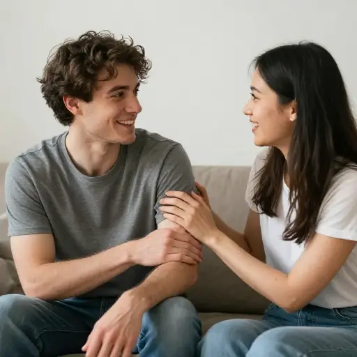 他讲笑话时，她开玩笑地拍了一下他的胳膊。