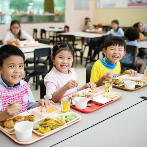 孩子们正在食堂开心地吃午饭。