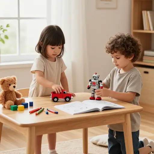 孩子们把他们的玩具放在桌上。