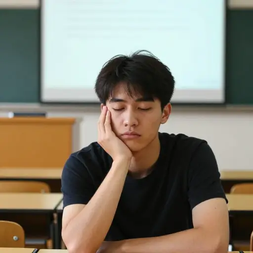 在无聊的讲座中，他努力保持眼皮睁开。