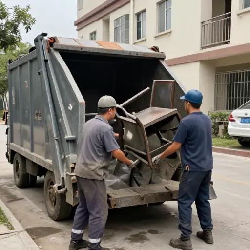 工人们把废弃的家具都扔进了垃圾箱里。