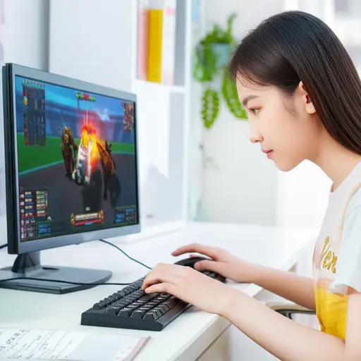 我妹妹正在看电脑上的游戏。