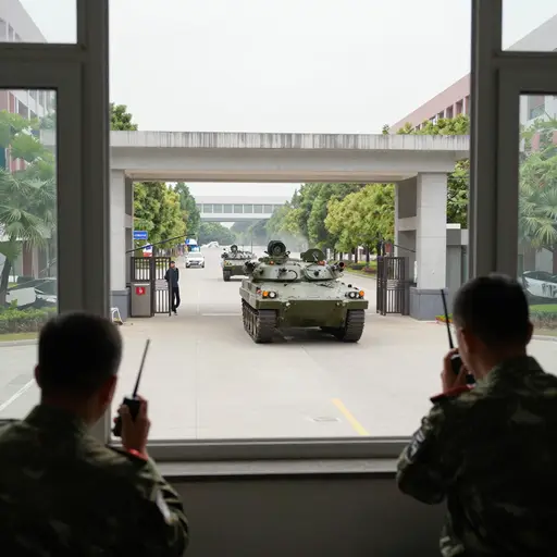 他们当时在大学里，正在通过无线电频率传输，这时坦克从主入口入侵了。