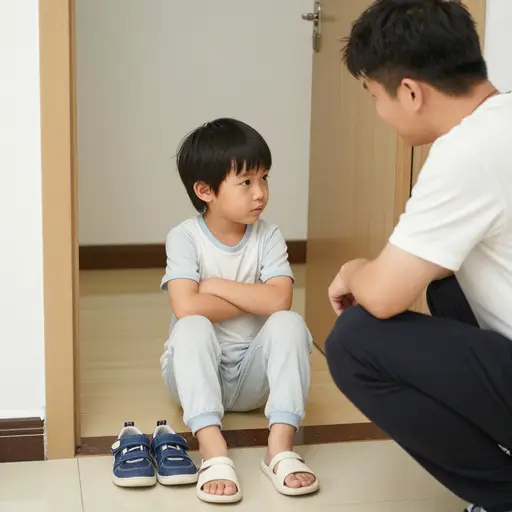 那个执拗的幼童不顾一再要求，就是不肯穿鞋。