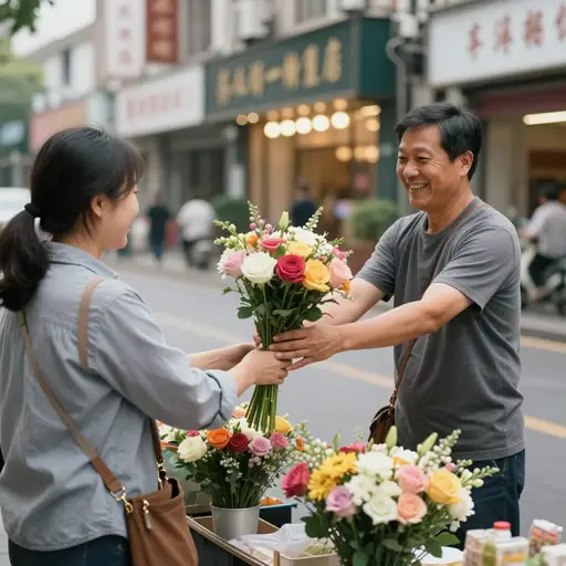 我在街上从一个卖家那里买了一些花。