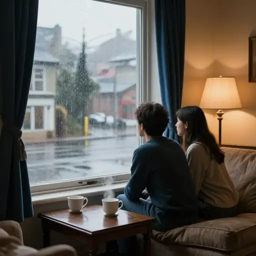 我们决定待在家里，因为外面在下雨。