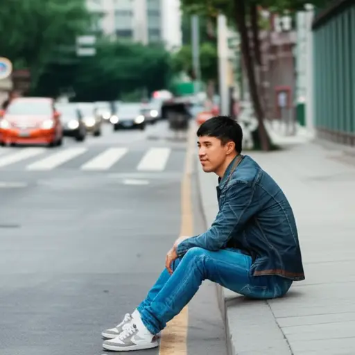 他坐在马路牙子上等朋友。