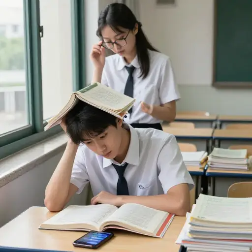他偷偷摸摸地瞥了一眼手机，生怕被老师发现。