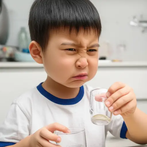 小男孩吞下药片后做了个鬼脸。