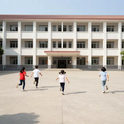 孩子们在学校前面玩耍。