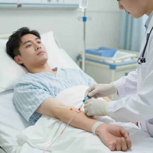 医生小心地将导管插入病人的静脉。