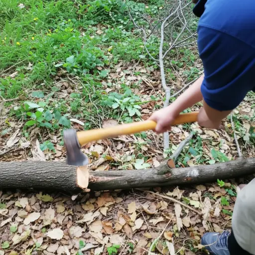 他用斧头砍断了那根粗树枝。