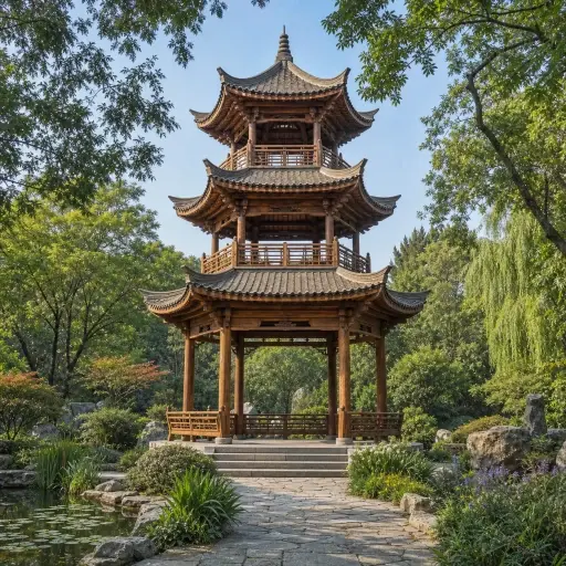 花园中央有一座美丽的木制宝塔，增添了东方风情。