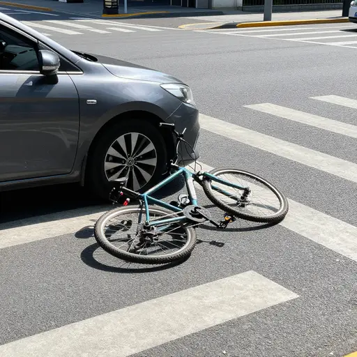 一辆汽车在十字路口撞倒并碾压了他的自行车。