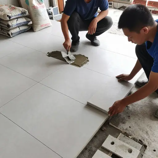 工人们用水泥把瓷砖牢牢地固定在地面上。