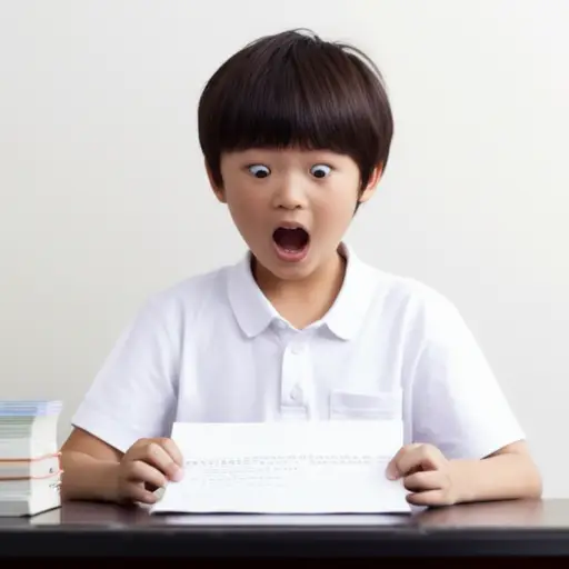 看到成绩单时，他的第一反应是惊讶地睁大了眼睛。