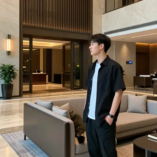 他去大堂等汉娜。