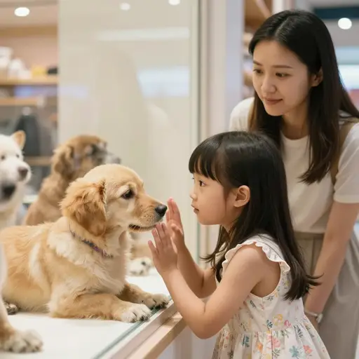 每次路过宠物店橱窗时，那个小女孩都会纠缠她的妈妈要一只小狗。