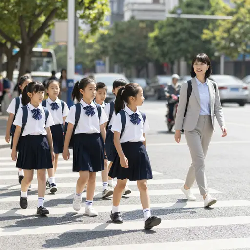 孩子们在老师的带领下从人行横道安全地过了马路。