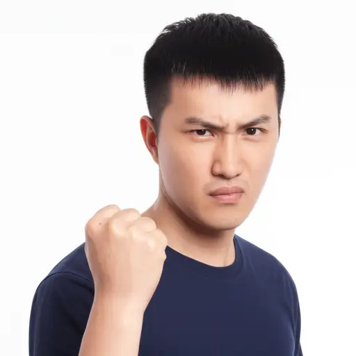 他紧握拳头，展现出坚定的决心。