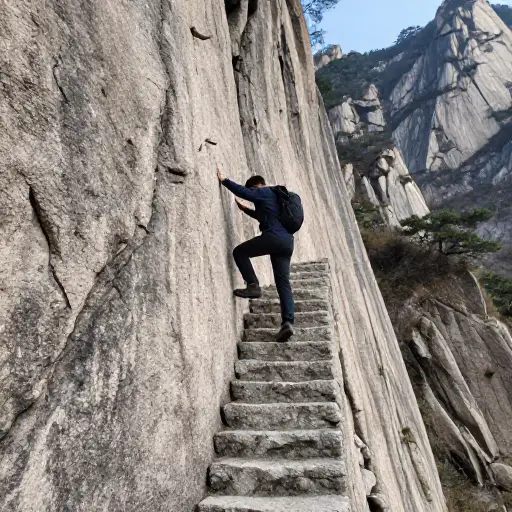 突出的石阶为登山者提供了天然的落脚点。