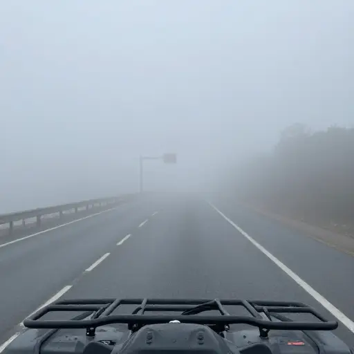 浓雾让司机很难看清前方的道路。