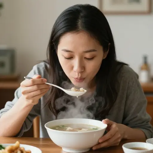 热汤太烫无法快喝，于是她小心翼翼地小口啜饮。