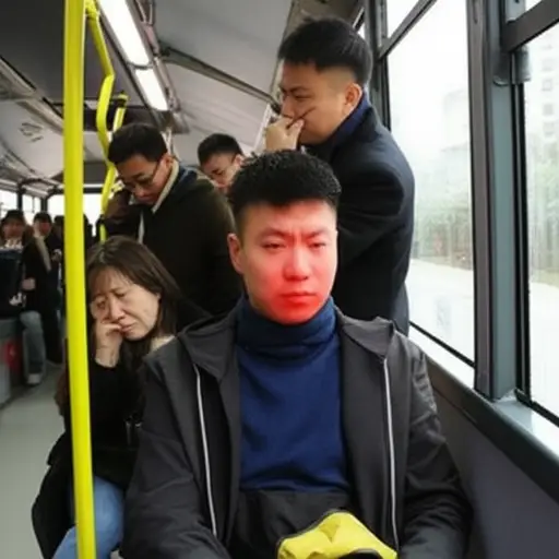 他在公交车上不小心放了个屁，尴尬得脸都红了。