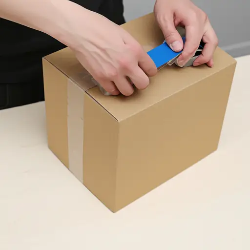他用胶带把箱子封好。