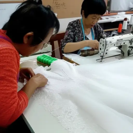 这些经验丰富的缝纫师傅们擅长制作复杂的婚纱。