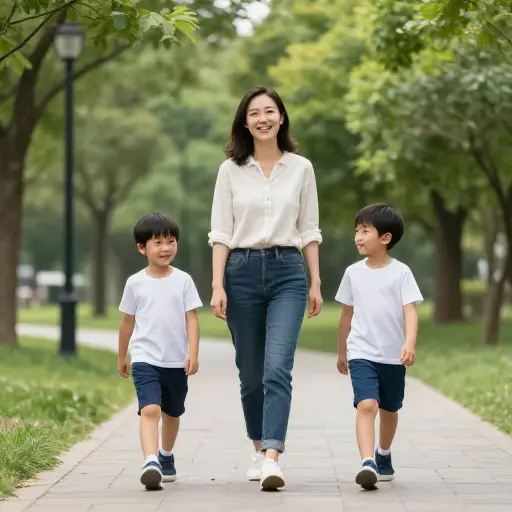 她看起来放松而快乐，和她的两个儿子一起散步。