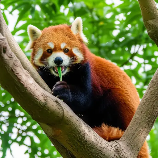 那只小熊猫正在树上吃竹子。