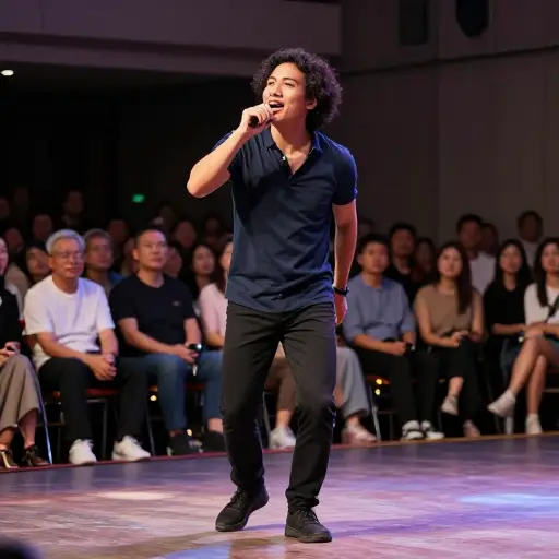 他在舞台上的表演充满活力，吸引了观众。