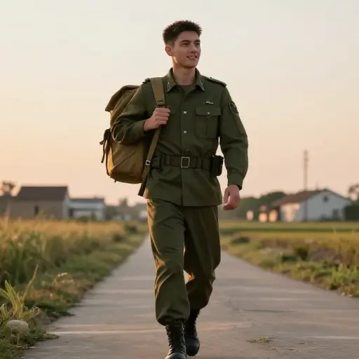 他完成了兵役，现在正在回家的路上。