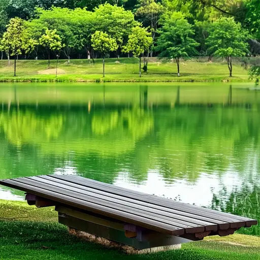 公园的长椅位于湖的中间位置。