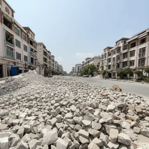 地震后，街道上到处散落着碎石。