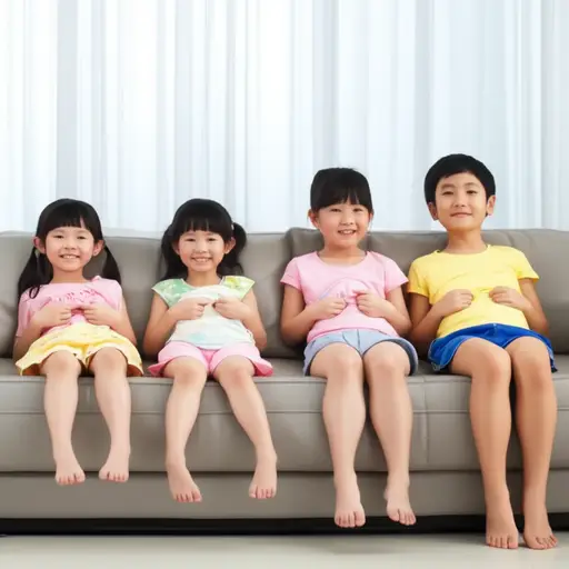 孩子们吃饱后都摸着肚子躺在沙发上。