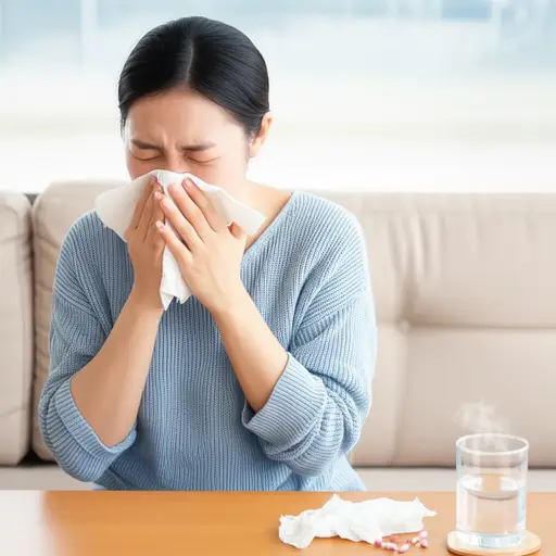 她感冒了，嗓子疼还不停地打喷嚏。