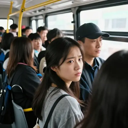 在拥挤的公交车上，我感觉有人碰了我的背。