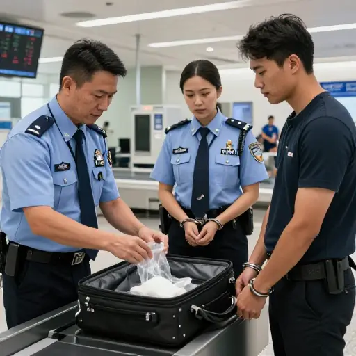 海关官员在他包里发现毒品时，他被逮捕了。