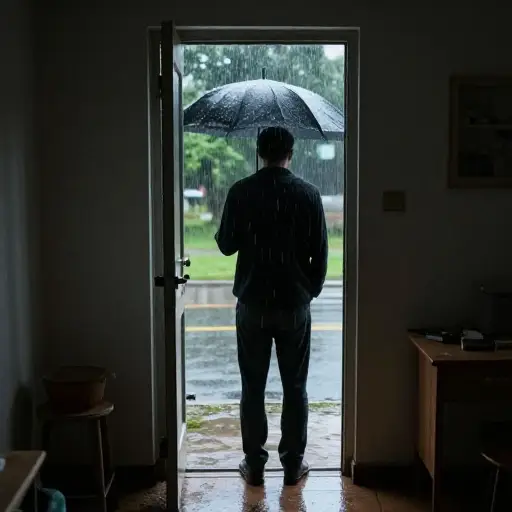 他站在门口挡雨。