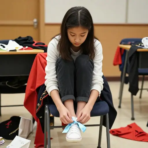 她为学校戏剧把鞋带系成了一个完美的蝴蝶结。