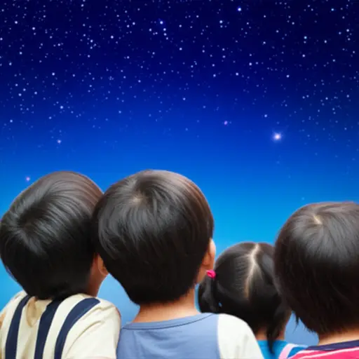 孩子们满怀希望地看着天空，期待能看到流星。