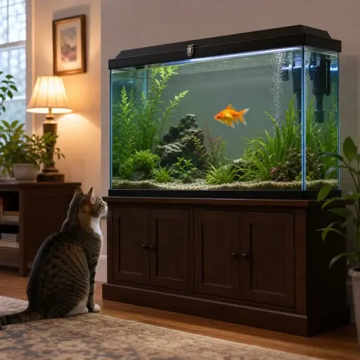 猫带着强烈的好奇心盯着金鱼。