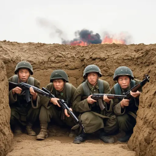 士兵们在战壕里躲避敌人的炮火。