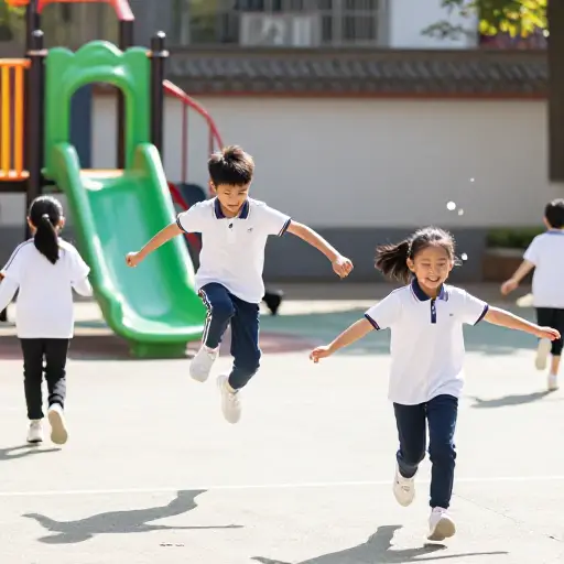 孩子们在操场上精力充沛地玩耍。