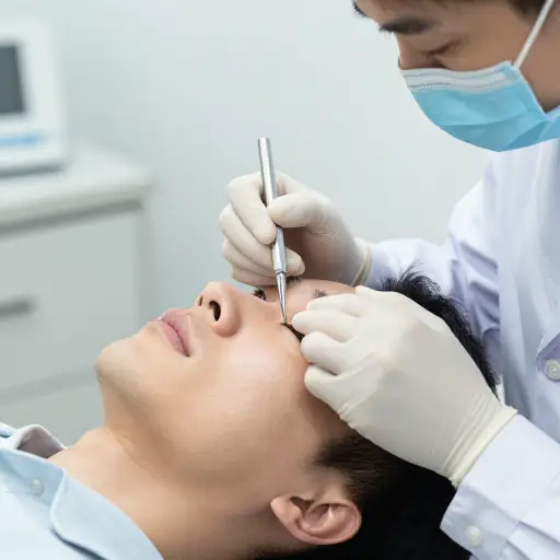 医生检查了他的眼皮是否有感染迹象。