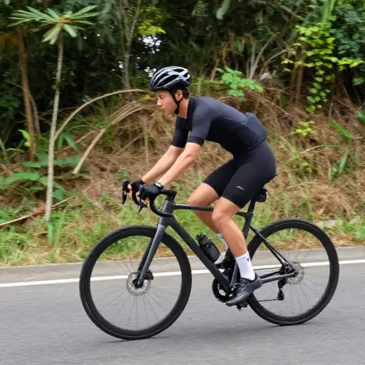 他站起来踩自行车的踏板，以便在骑上山坡时获得额外动力。