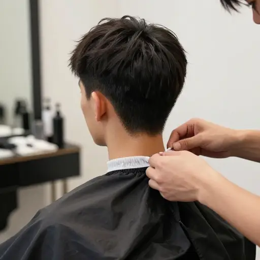 发型师把理发围布系在了我的脖子上。