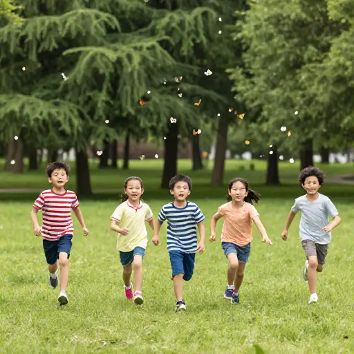 孩子们在公园里追逐蝴蝶。
